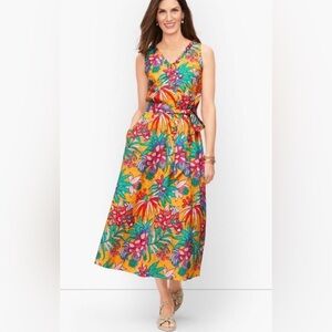 NWT Talbots Tropical Parrot Floral Midi Dress Yellow V-Neck Belted Sleeveless 14